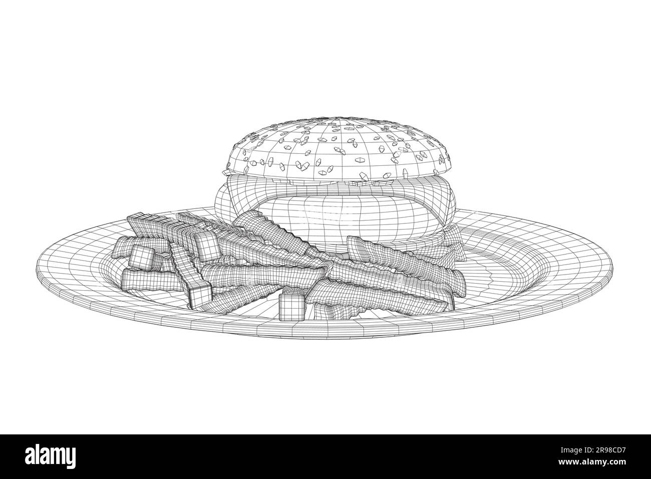 Cheeseburger filaire sur l'assiette. Wireframe Big hamburger avec des côtelettes, du fromage, des tomates, de la laitue. cuisine américaine. Élément d'illustration vectorielle avec humb Illustration de Vecteur