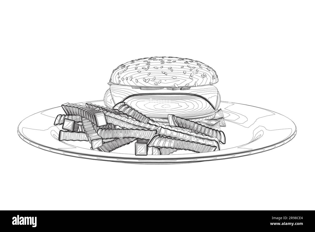 Tracer le cheeseburger sur l'assiette. Contour Big hamburger avec des côtelettes, du fromage, des tomates, de la laitue. cuisine américaine. Elément d'illustration vectoriel avec bourdonnement Illustration de Vecteur
