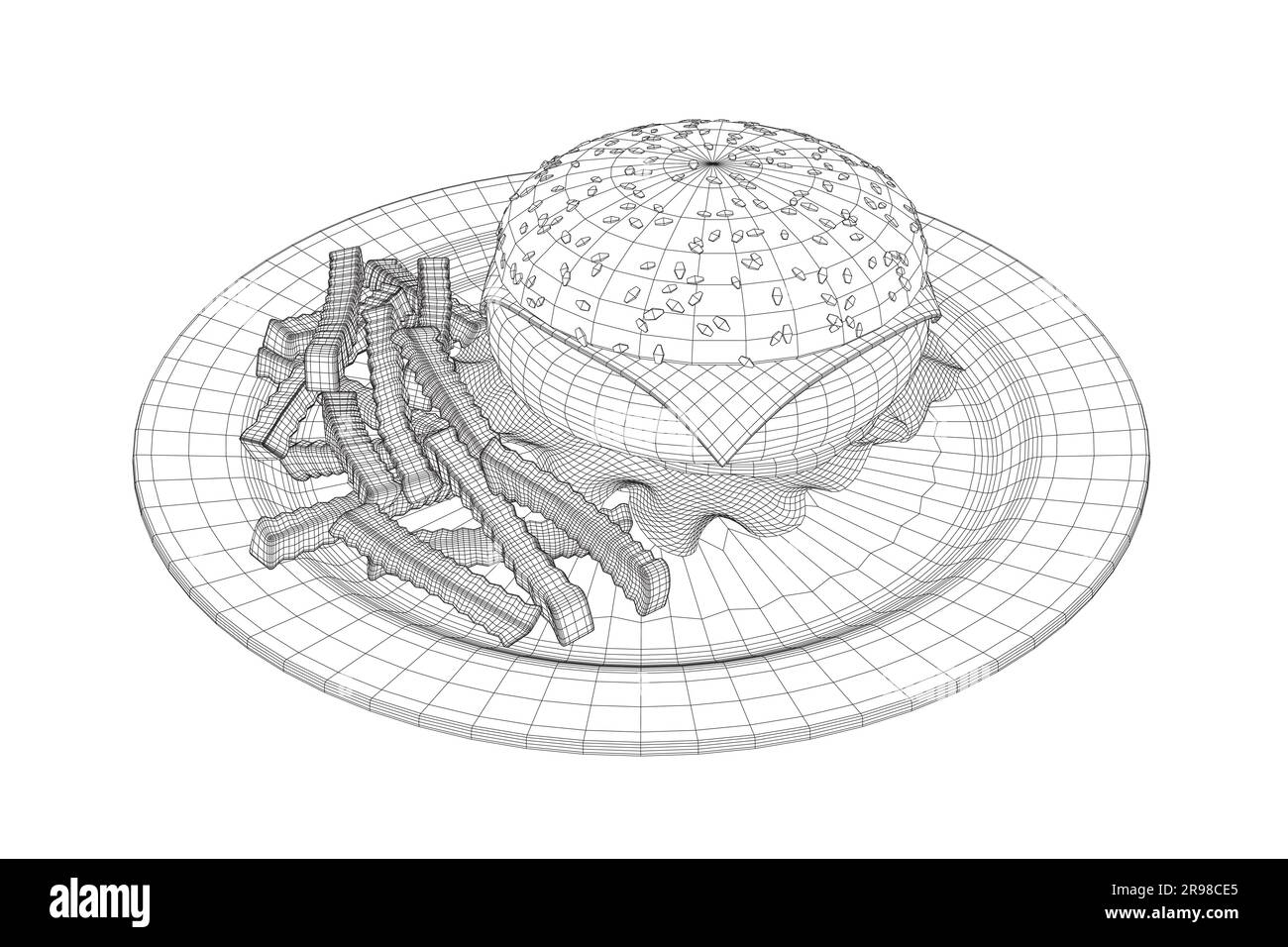 Cheeseburger filaire sur l'assiette. Wireframe Big hamburger avec des côtelettes, du fromage, des tomates, de la laitue. cuisine américaine. Élément d'illustration vectorielle avec humb Illustration de Vecteur