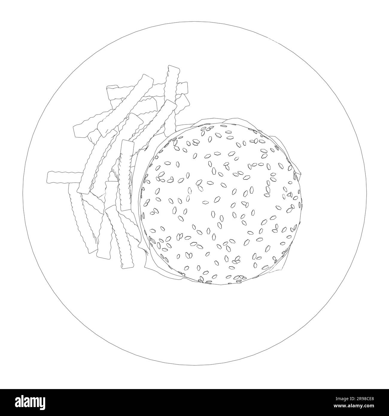 Tracer le cheeseburger sur l'assiette. Contour Big hamburger avec des côtelettes, du fromage, des tomates, de la laitue. cuisine américaine. Elément d'illustration vectoriel avec bourdonnement Illustration de Vecteur