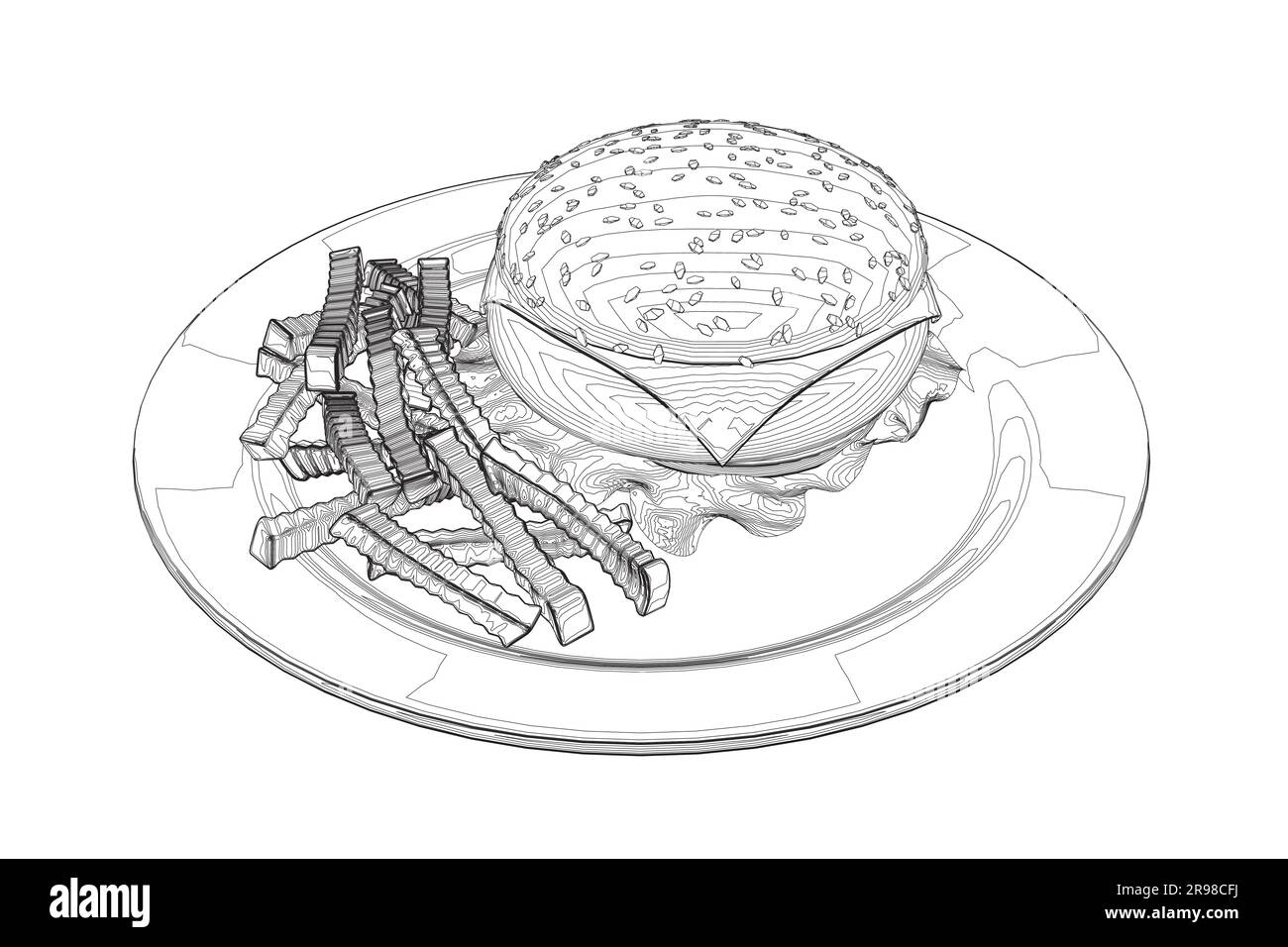 Tracer le cheeseburger sur l'assiette. Contour Big hamburger avec des côtelettes, du fromage, des tomates, de la laitue. cuisine américaine. Elément d'illustration vectoriel avec bourdonnement Illustration de Vecteur
