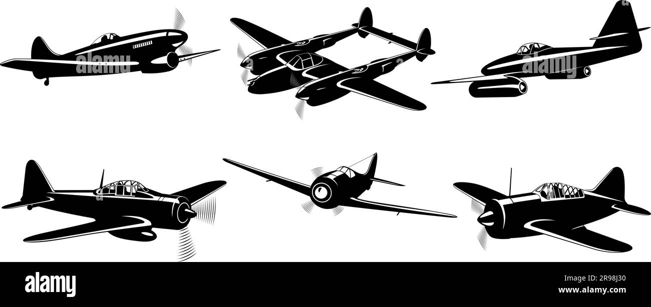 Collection silhouettes de la Seconde Guerre mondiale Fighter planes isolée sur blanc. Volume 2. Vector. Illustration de Vecteur