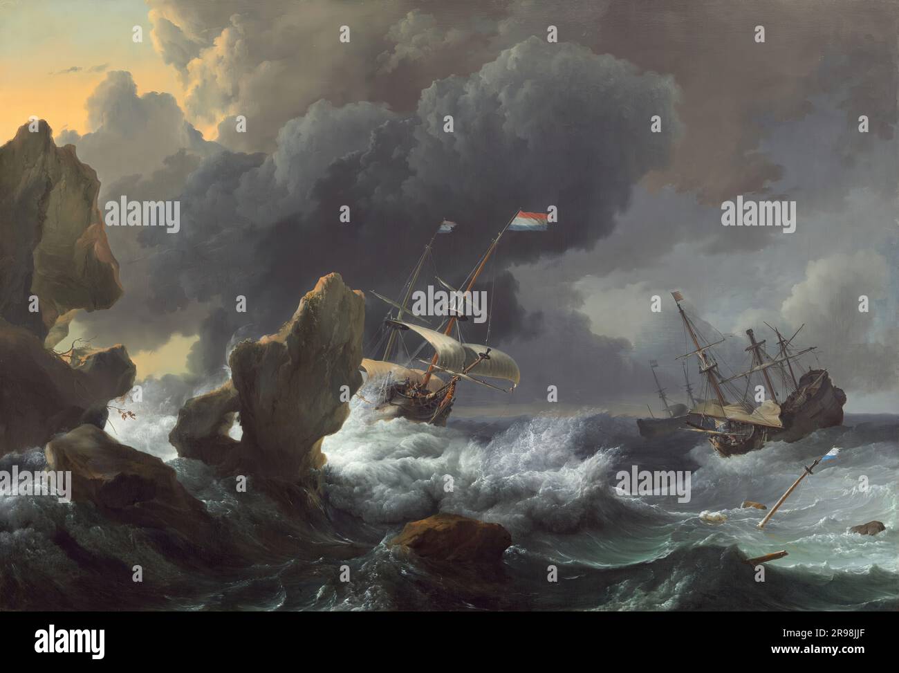 Navires en détresse au large d'une côte rocheuse par Ludolf Backhuysen, 1667, huile sur toile, 114,3x167.3 cm, National Gallery of Art, Landover, Maryland (Etats-Unis). Banque D'Images