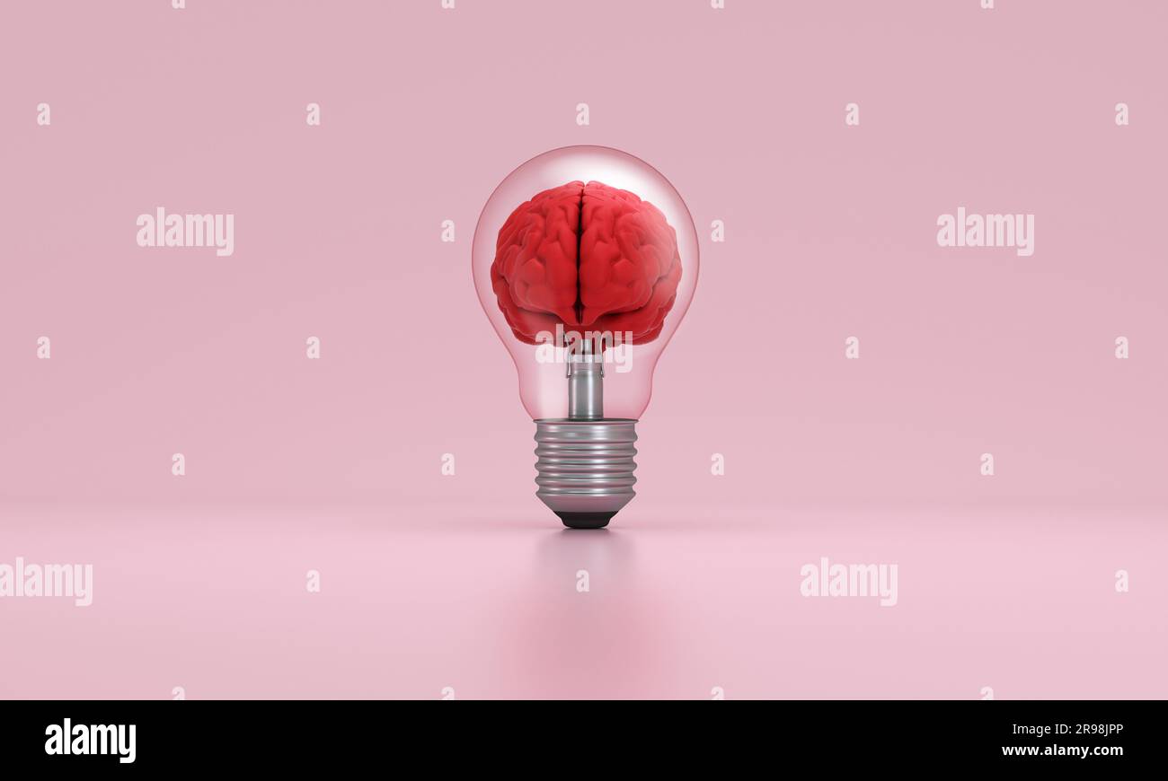 Cerveau à l'intérieur d'une ampoule sur fond rose. Concept d'inspiration, de créativité, d'idée, d'éducation, d'innovation. 3D rendu. Banque D'Images
