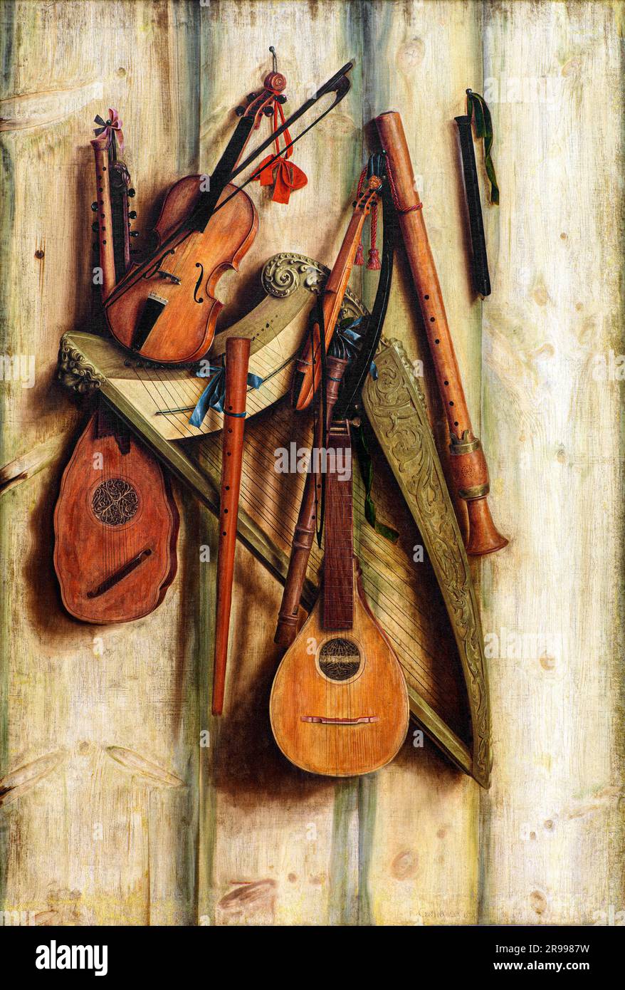 Panneau mural avec instruments de musique.trompe l'oeil par Franciscus Gijsbrechts Banque D'Images
