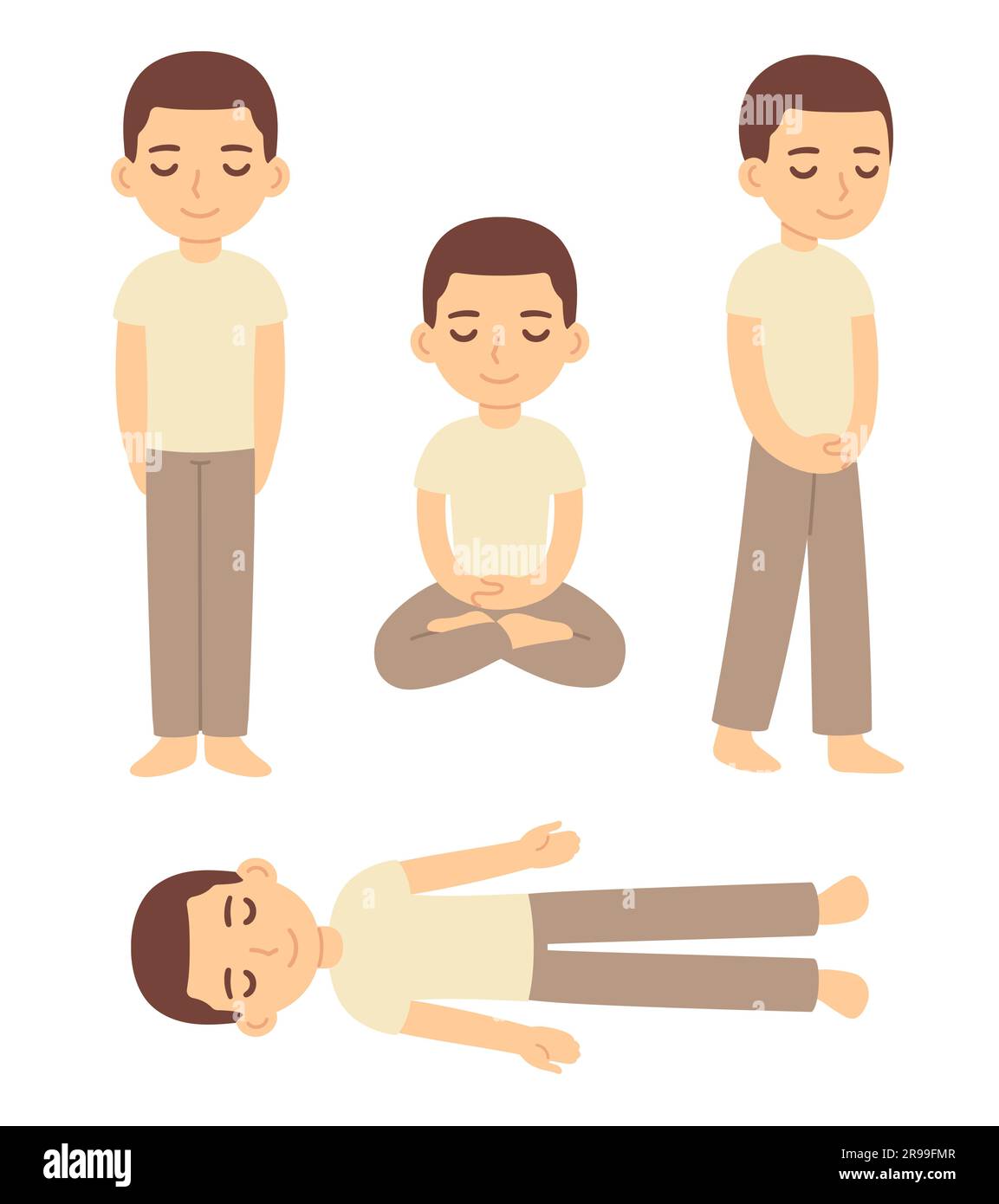 Mignon homme de dessin animé dans quatre postures de méditation. Méditer assis, debout, marchant, allongé. Illustration de clip art vectoriel simple. Illustration de Vecteur