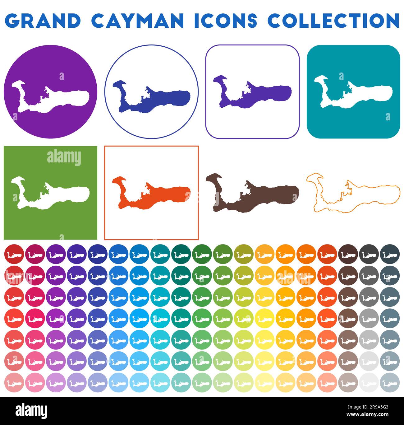 Collection d'icônes Grand Cayman. Icônes de carte tendance colorées et lumineuses. Badge Grand Cayman moderne avec carte de l'île. Illustration vectorielle. Illustration de Vecteur