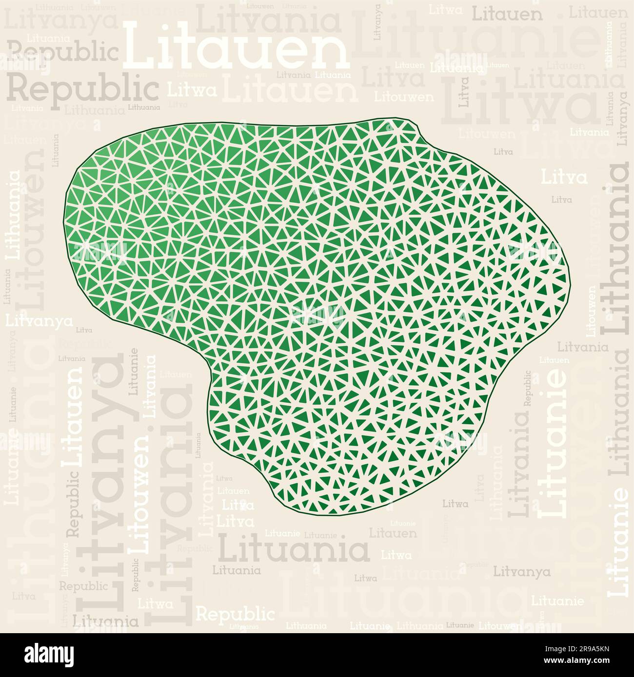 CARTE DE LITUANIE. Noms de pays dans différentes langues et forme de la carte avec des triangles polytrapézoïdales géométriques bas. Illustration vectorielle moderne de la Lituanie. Illustration de Vecteur