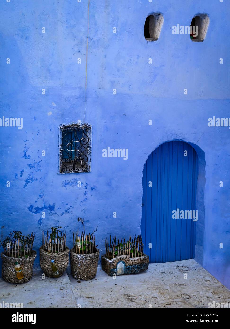 Une maison bleue antique fascinante avec une porte bleue et des jardinières de roche avec des pointes dissuasives dans l'architecture traditionnelle marocaine à Chefchaouen, Maroc Banque D'Images