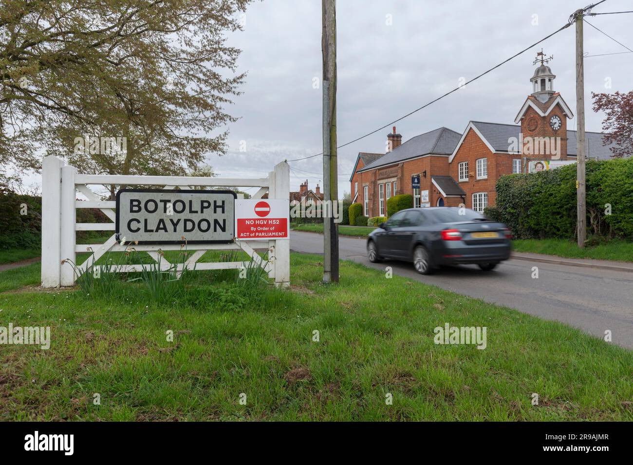 Botolph Claydon Buckinghamshire signe d'avertissement pas de grande vitesse 2 ( HS2 ) trafic de construction Banque D'Images