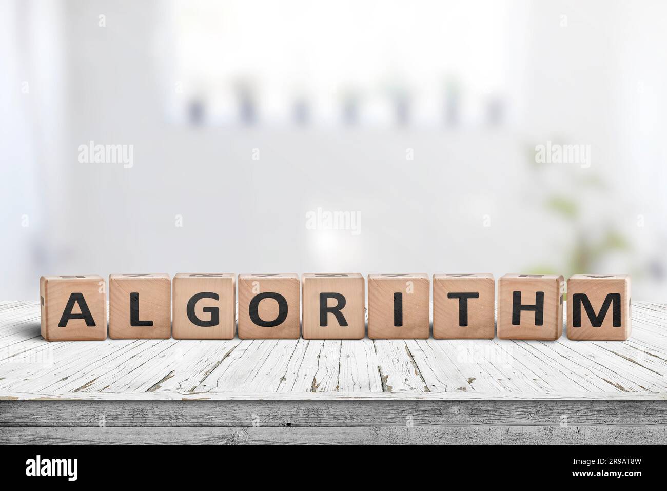 Mot de l'algorithme sur un panneau en bois faite de blocs dans une salle lumineuse Banque D'Images