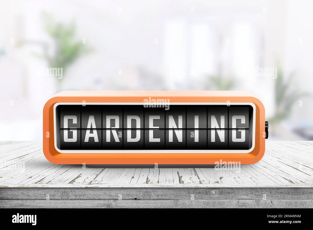 Message d'alarme de jardinage dans une salle lumineuse au printemps avec des plantes d'intérieur à l'arrière-plan Banque D'Images