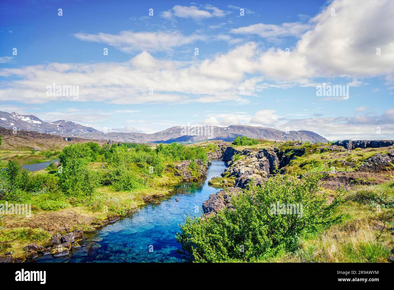Cours d'eau turquoise dans la nature islandaise sauvage avec des montagnes en arrière-plan Banque D'Images