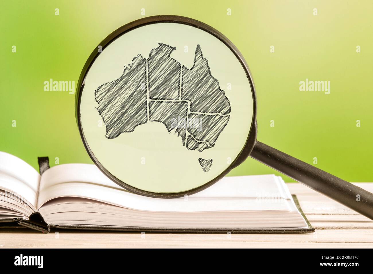 L'Australie l'information avec un dessin d'une carte de l'Australie dans une loupe Banque D'Images