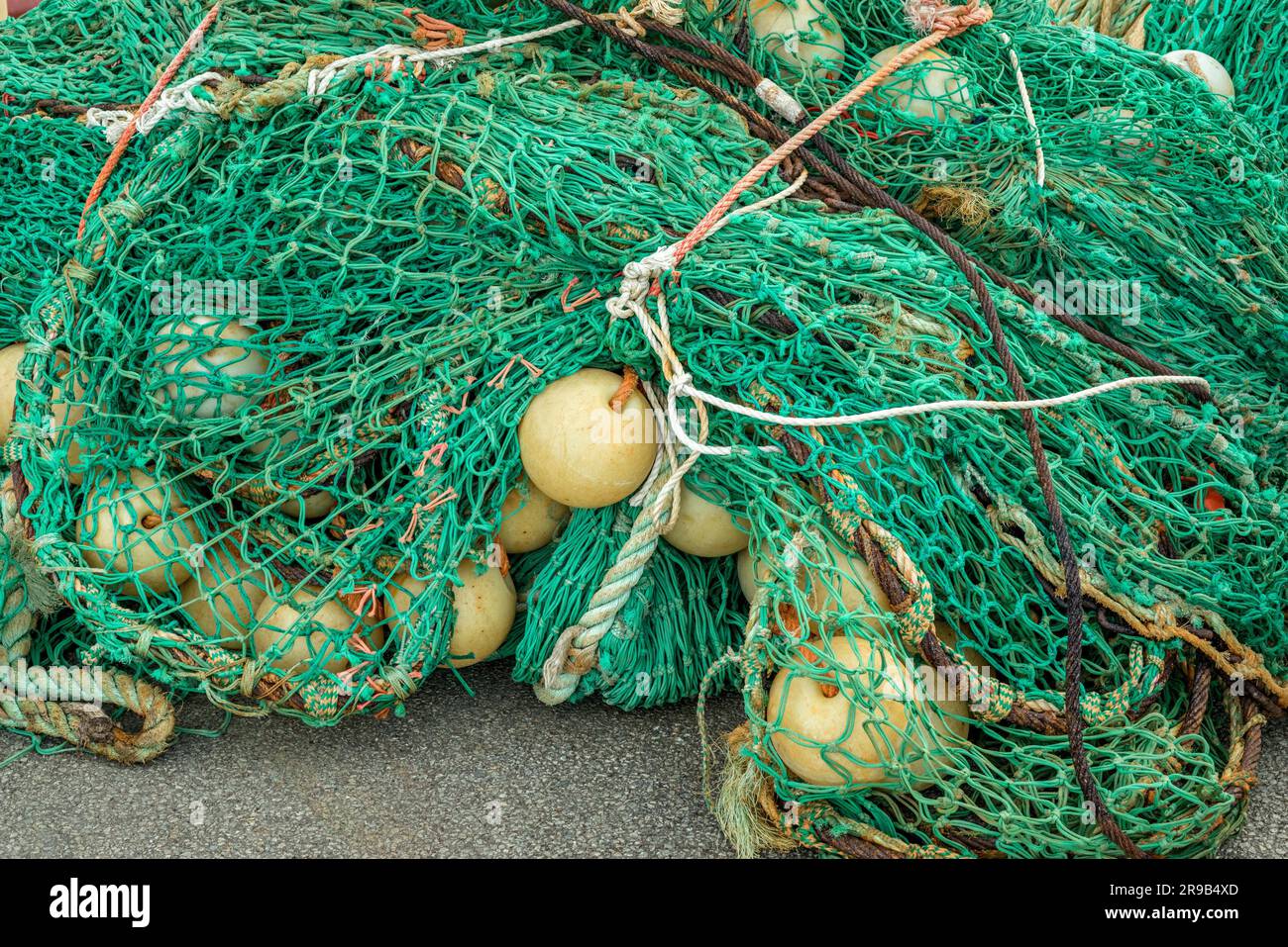 Équipement de pêche avec filets vert par une administration portuaire Banque D'Images