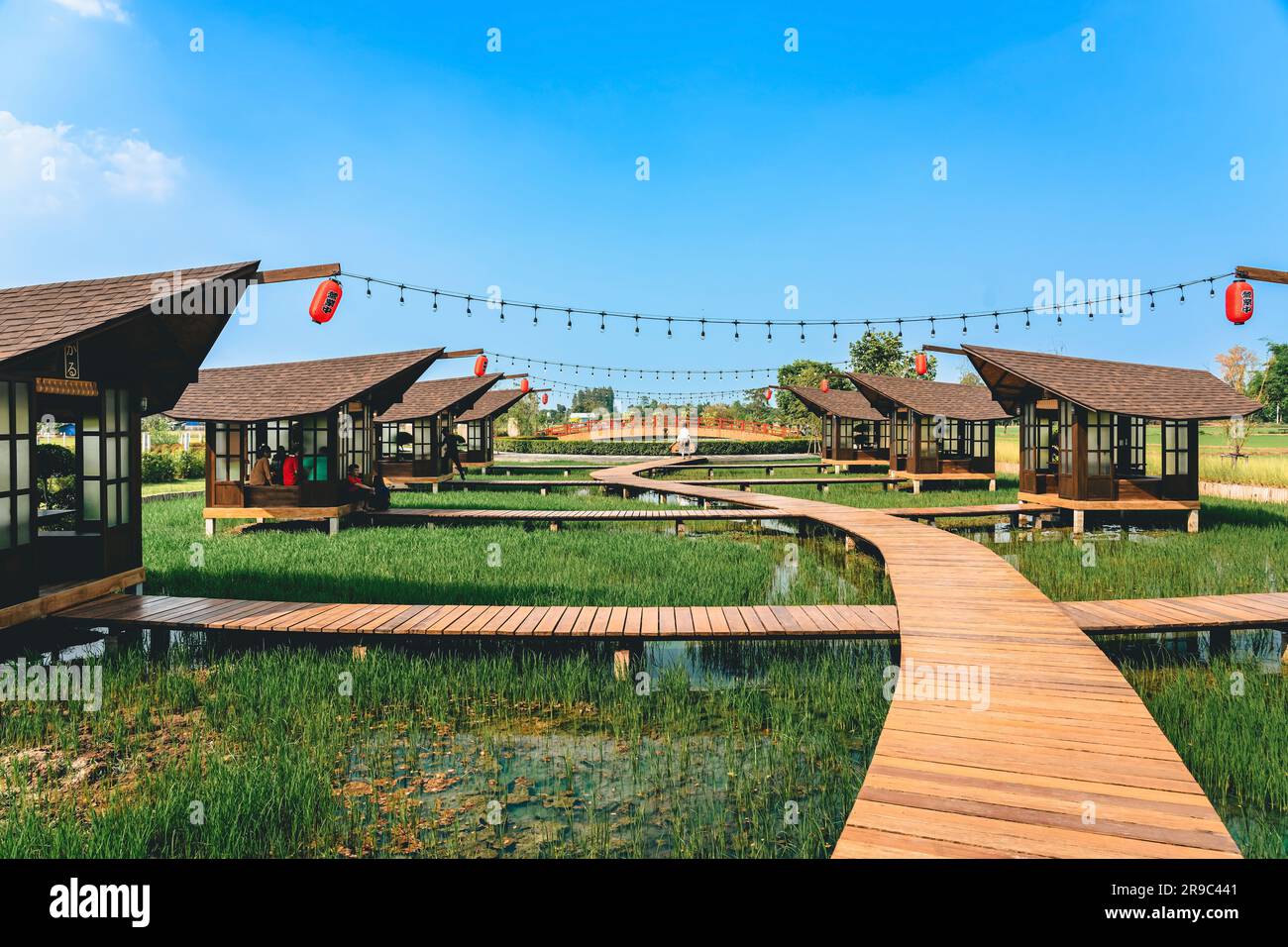 KANCHANABURI-THAÏLANDE,30 MARS 2023 : magnifique paysage de style architectural japonais reposant au milieu de champs de riz verdoyants en plein air à Tom Banque D'Images