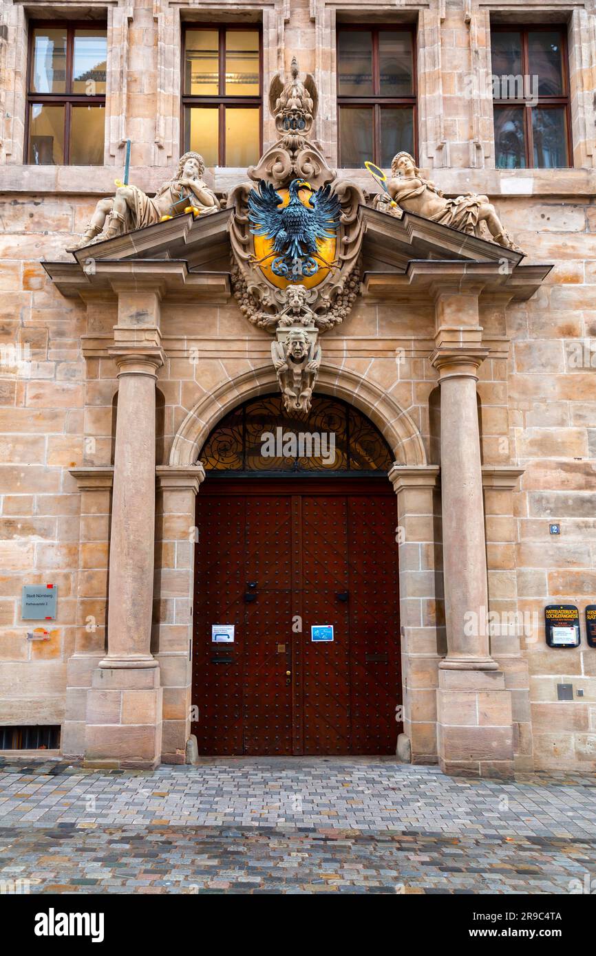 Nuremberg, Allemagne - DEC 28, 2021: Entrée du bâtiment médiéval des donjons à Nuremberg, Bavière, Allemagne. Banque D'Images