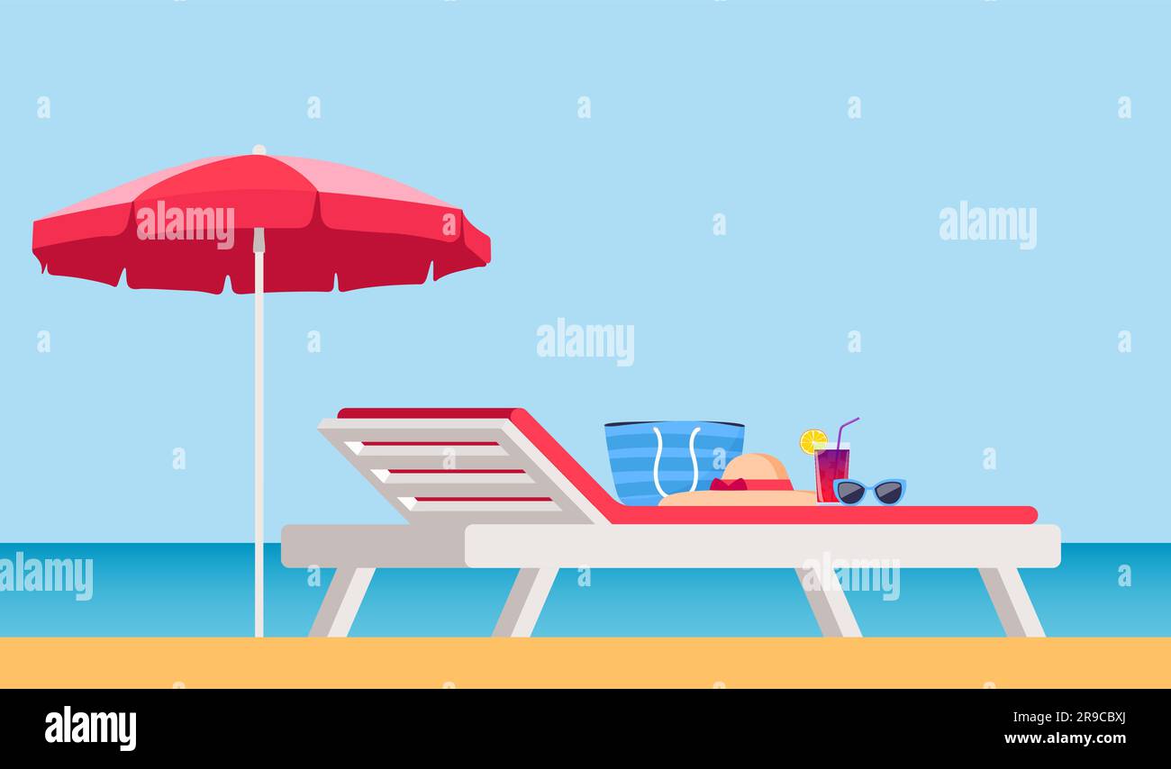 Parasol et transat. Cabine UV avec parasol sur la plage de sable. Complexe tropical d'été avec chaise longue privée au bord de la mer. Cabine UV et plage Illustration de Vecteur