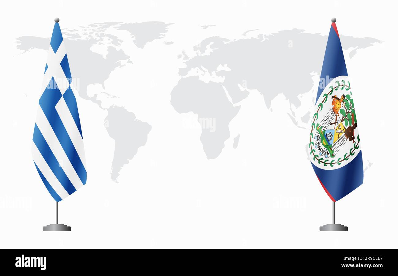 Drapeaux de la Grèce et du Belize pour une réunion officielle sur fond de carte du monde. Illustration de Vecteur