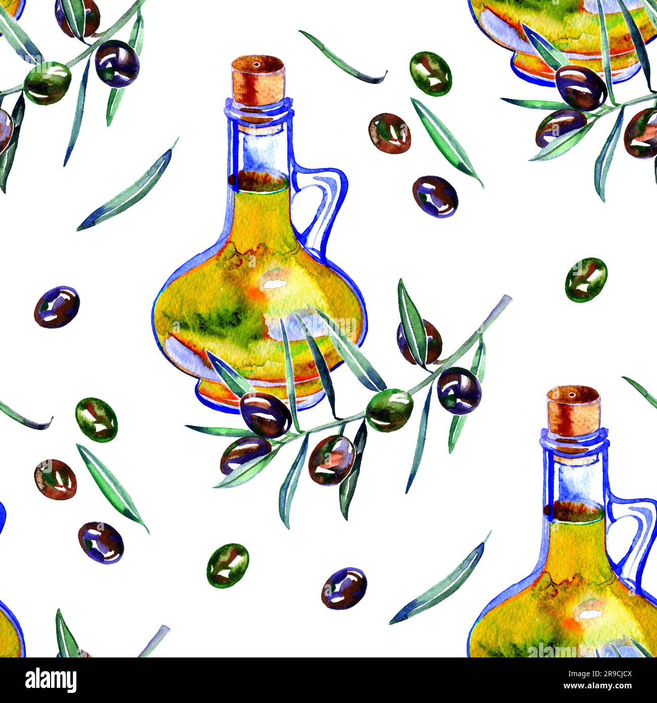 motif aquarelle avec olives, bouteille d'huile, branches d'olives vertes et noires sur fond blanc. Pas sans couture. Banque D'Images