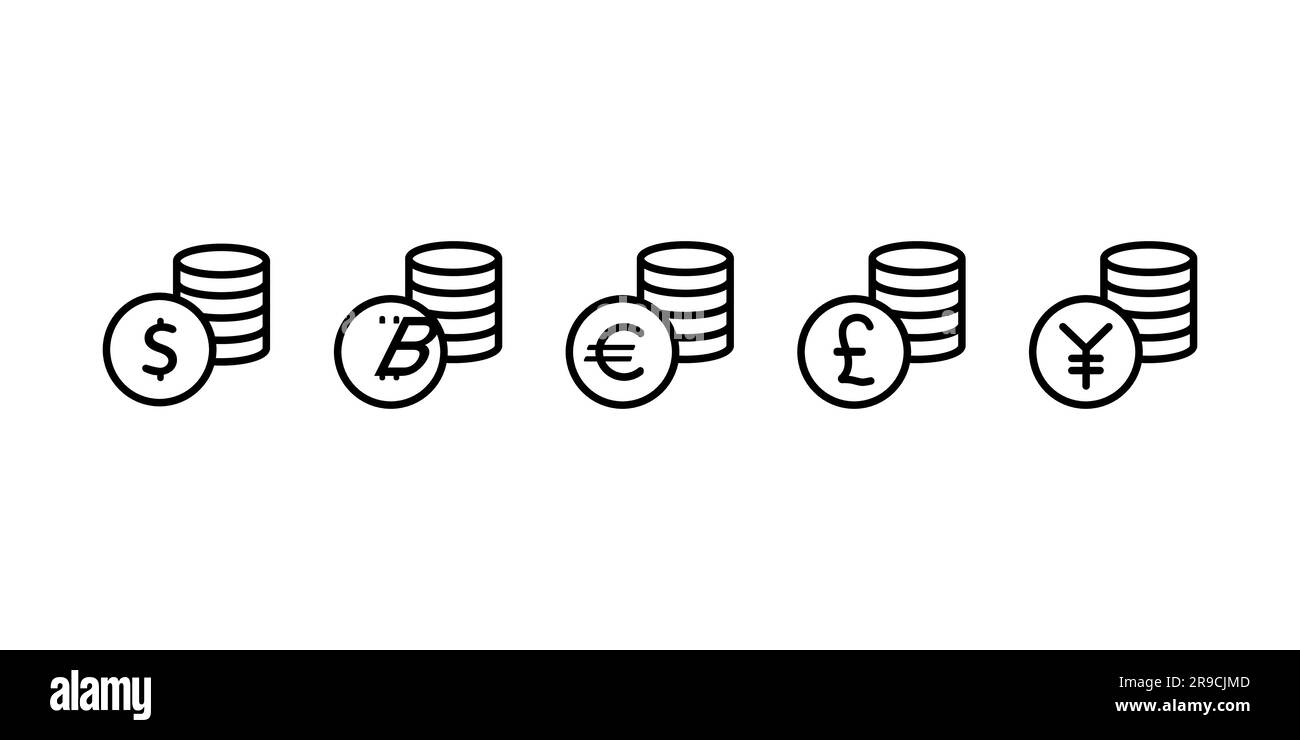 Icône pièces. Ensemble d'argent de contour. Icône de vecteur de pièces. Symbole de paiement bancaire. Euro, dollar, yen, yuan, livre. Finances. Symbole de devise. Pièce de jeu. Nous Illustration de Vecteur
