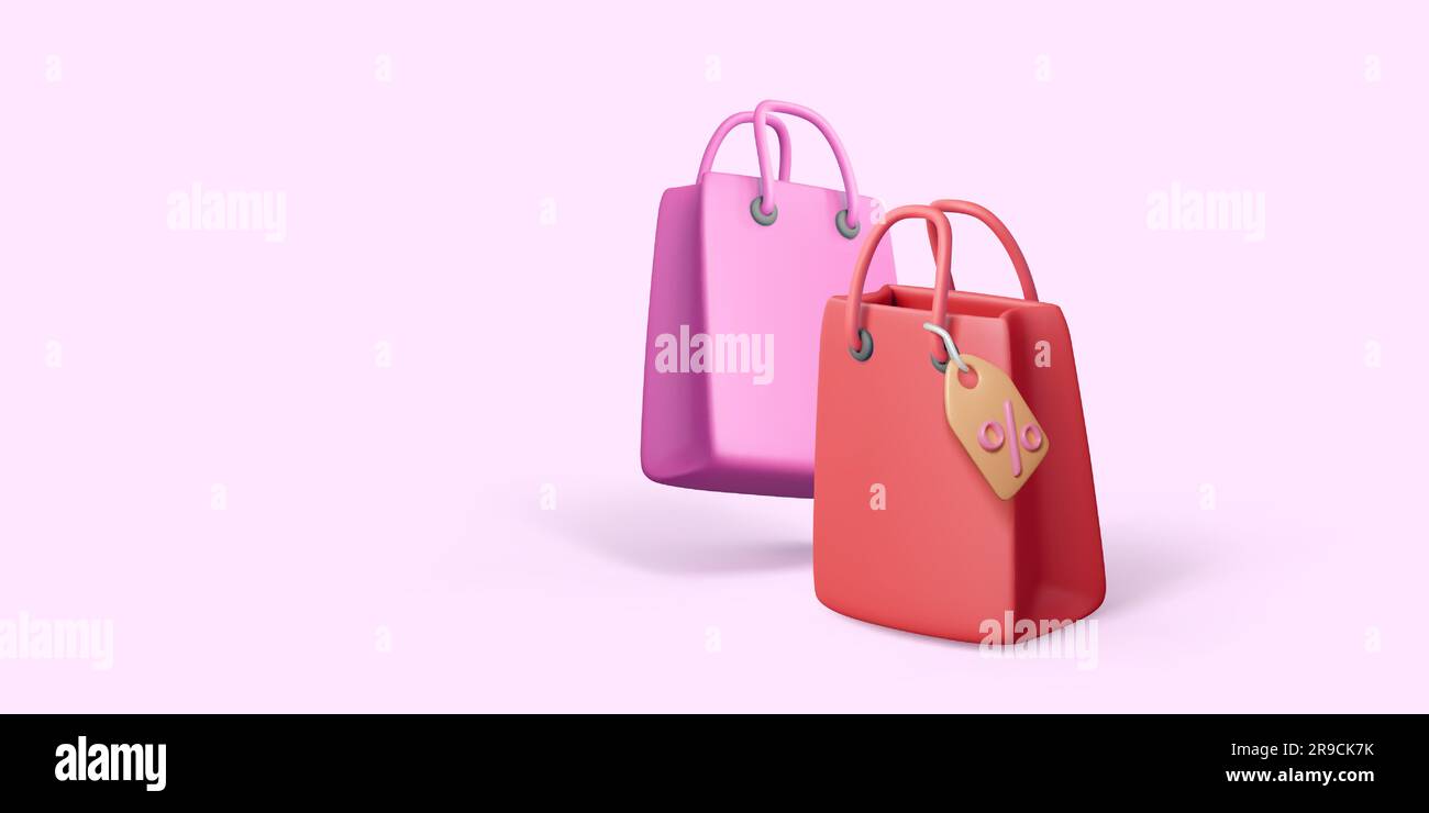 Offre spéciale vacances. Sacs de shopping en papier rose et rouge avec étiquette de prix dans 3D style réaliste. Offre spéciale et bon de réduction. Promotion marketing ba Illustration de Vecteur