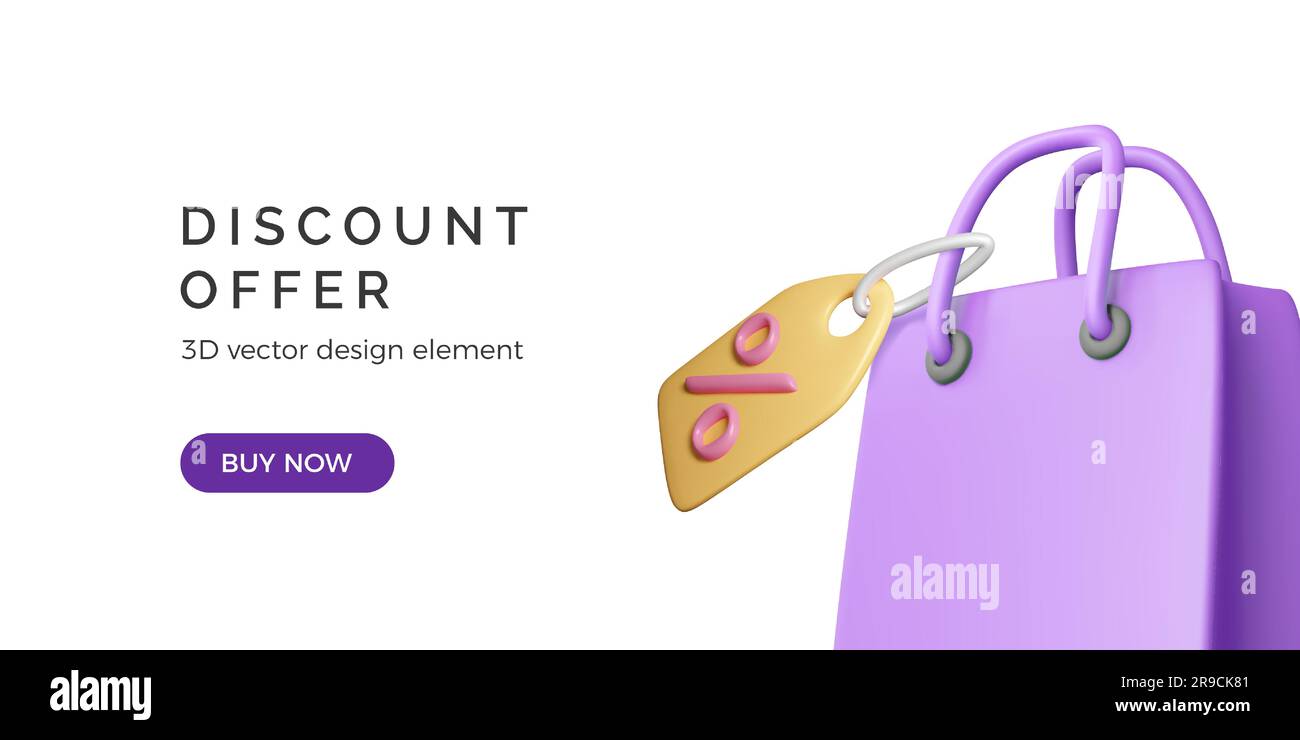 Bannière de promotion de l'offre de remise. Sac à provisions en papier violet avec coupon de réduction. Étiquette de prix avec 3D pour cent icône. Illustration vectorielle isolée sur blanc Illustration de Vecteur