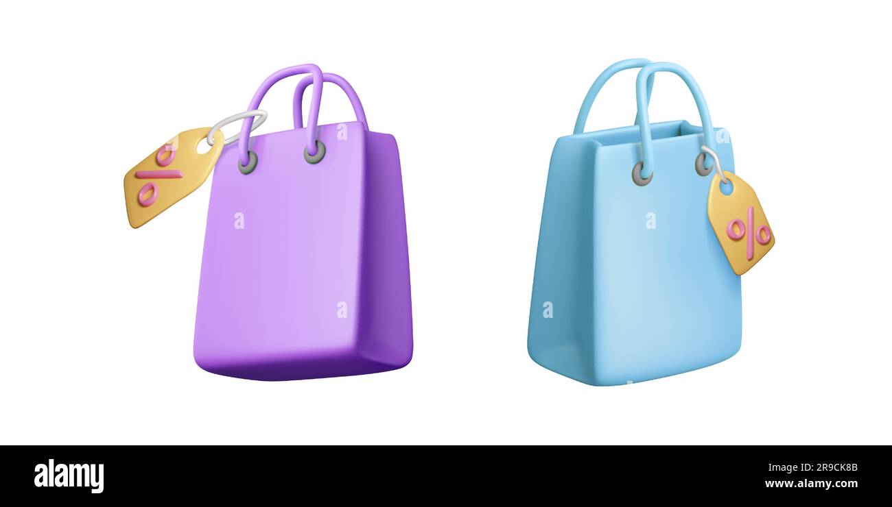 3D sacs en papier avec étiquette de réduction. Sac à provisions violet et bleu avec étiquette de prix. Étiquette de vente avec symbole de pourcentage sur les emballages d'atelier. Illustration vectorielle Illustration de Vecteur