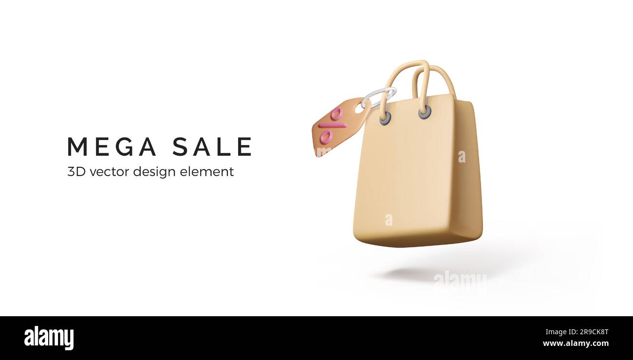 Bannière méga solde. 3D sacs à provisions en papier avec étiquette de prix. Forfait avec bon de réduction dans un style réaliste. Promotion spéciale. Illustrateur vectoriel Illustration de Vecteur