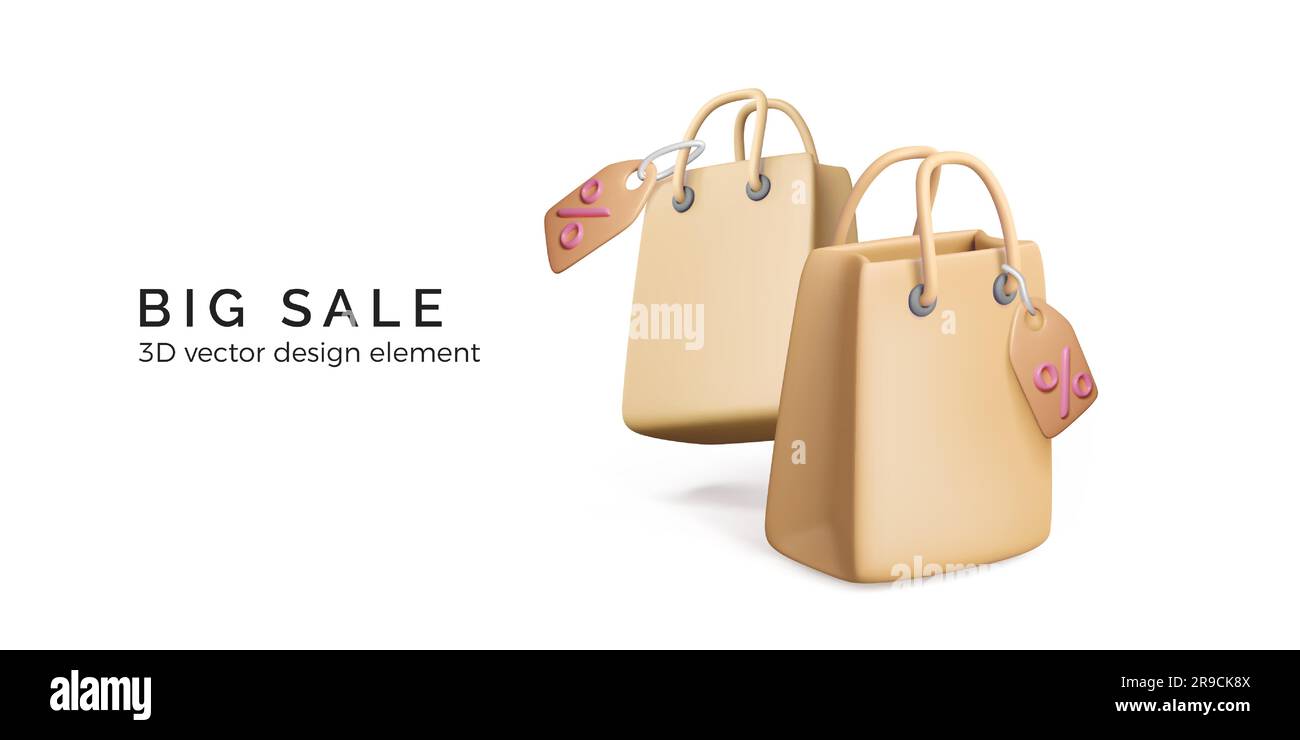 Méga offre de vente. Bannière de promotion de remise. 3D sacs à provisions avec étiquettes de prix. Conception des emballages en papier avec une affiche de pourcentage sur l'étiquette. Illustration vectorielle Illustration de Vecteur