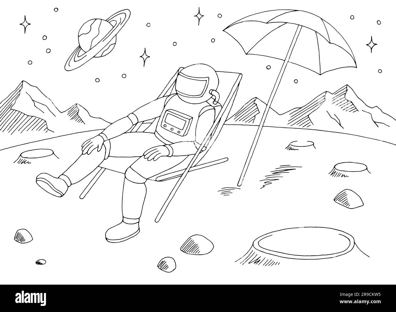 L'astronaute est assis dans une chaise longue planète extraterrestre graphique noir blanc espace paysage dessin vecteur d'illustration Illustration de Vecteur