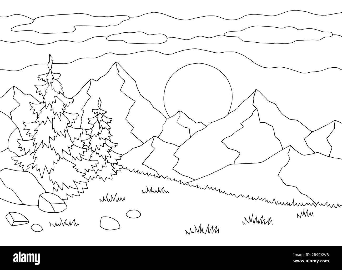 Coucher de soleil dans les montagnes graphique noir blanc paysage dessin vecteur d'illustration Illustration de Vecteur