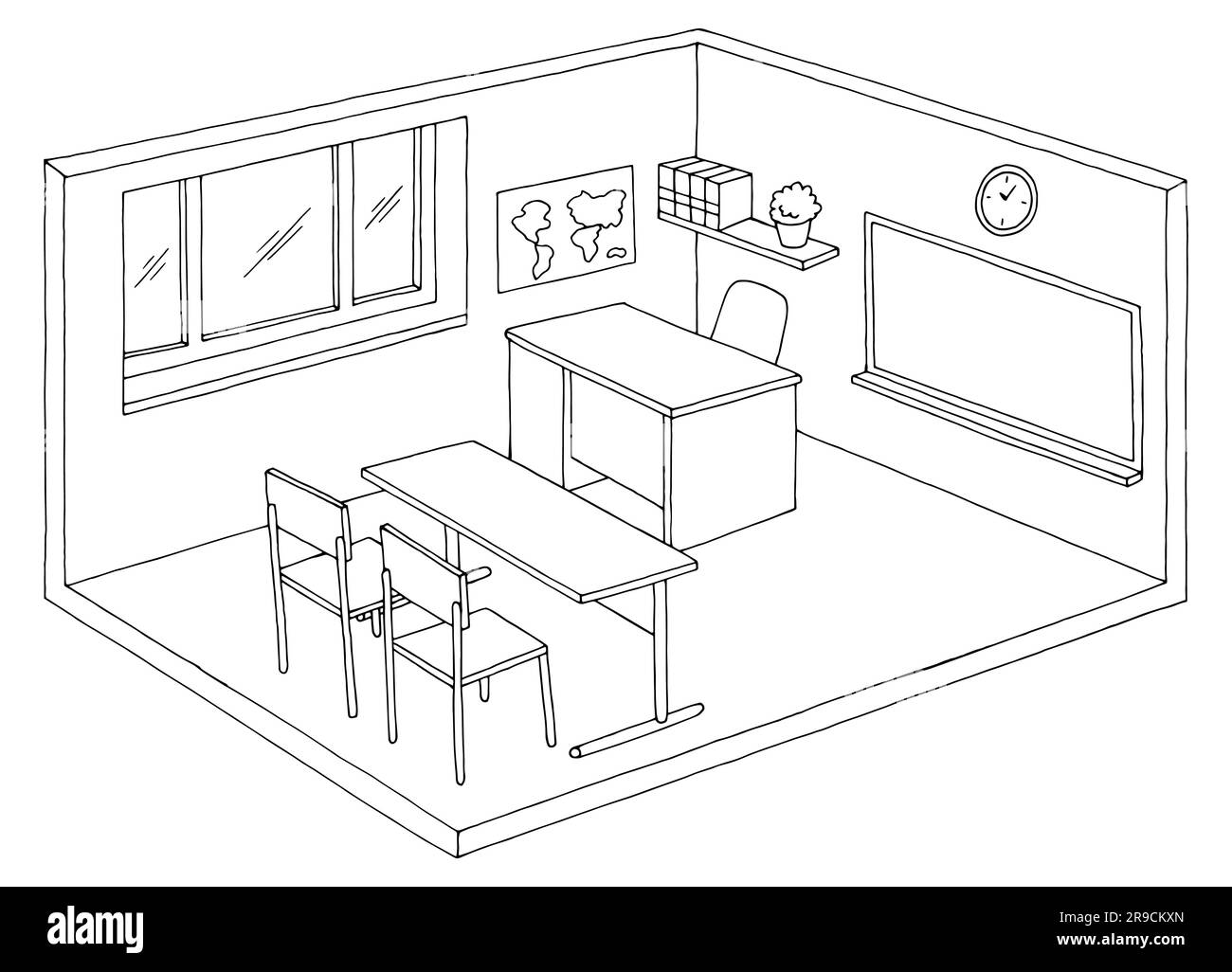Schéma de la salle de classe noir blanc intérieur isolé croquis vecteur