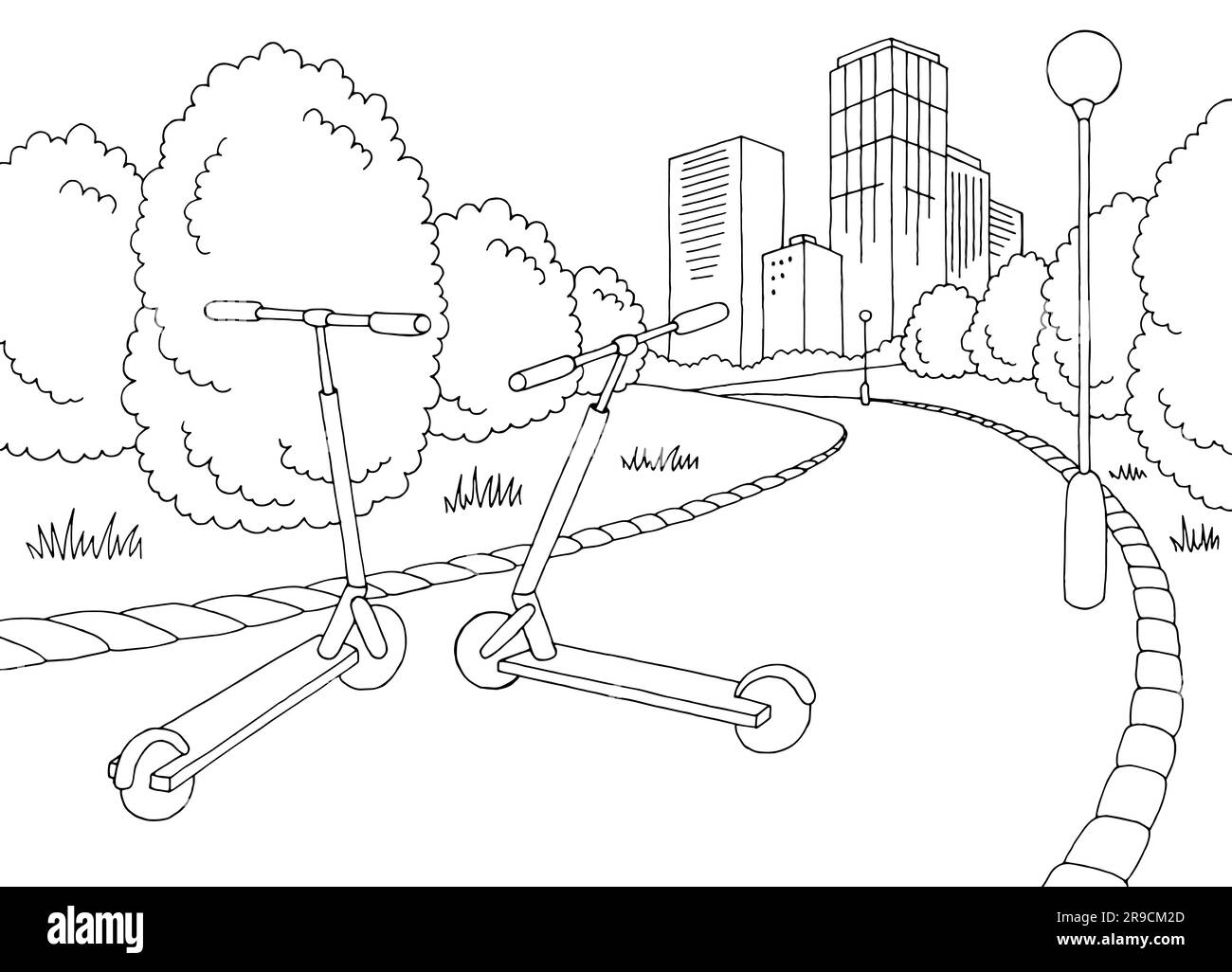 Scooter dans le parc graphique ville noir blanc paysage esquisse vecteur d'illustration Illustration de Vecteur