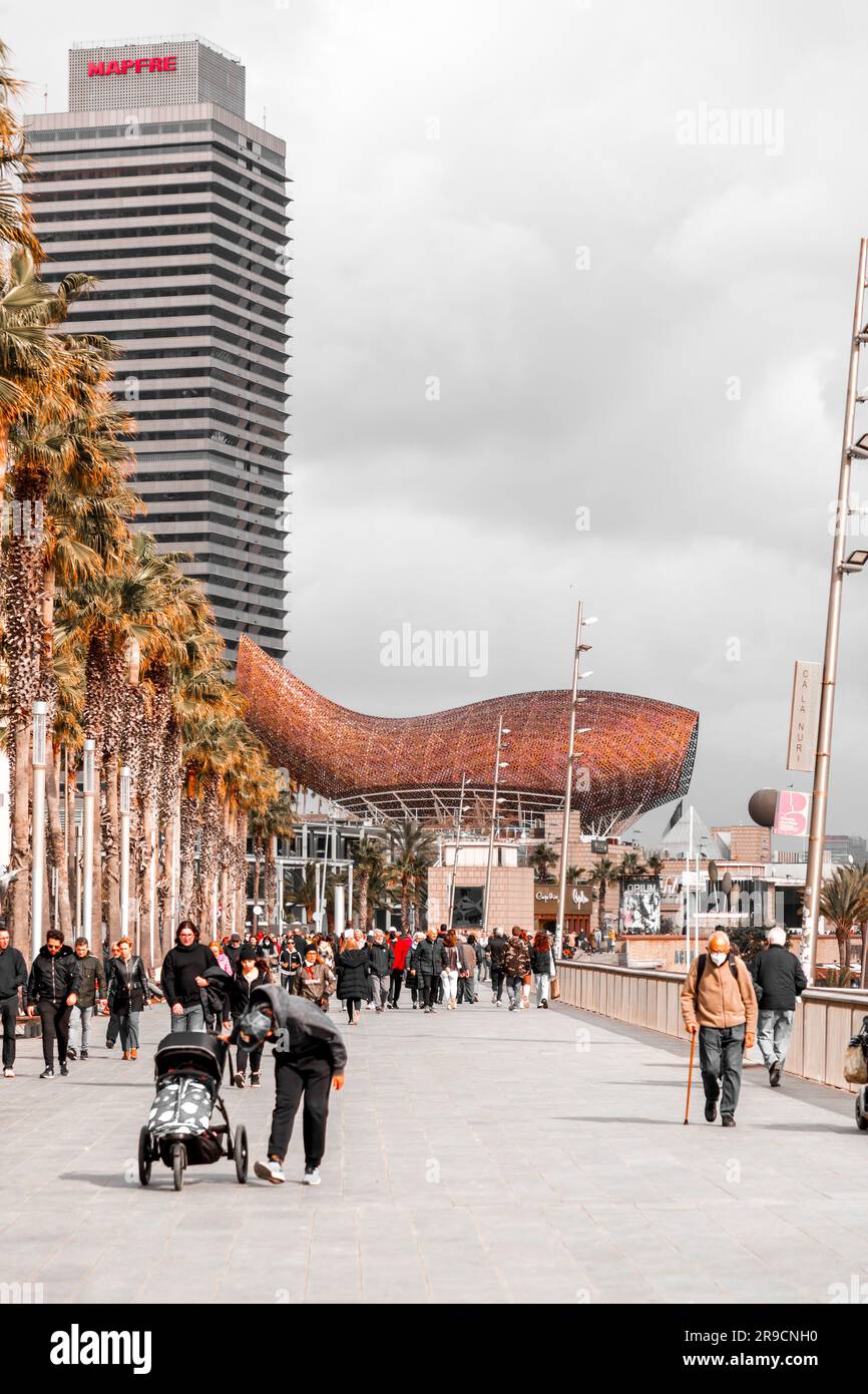 Barcelone, Espagne - 13 FÉVRIER 2022 : la sculpture géante de poissons d'or, El Peix de Frank Gehry, située sur le port Olypmique de Barcelone, Catalogne, Espagne. Banque D'Images