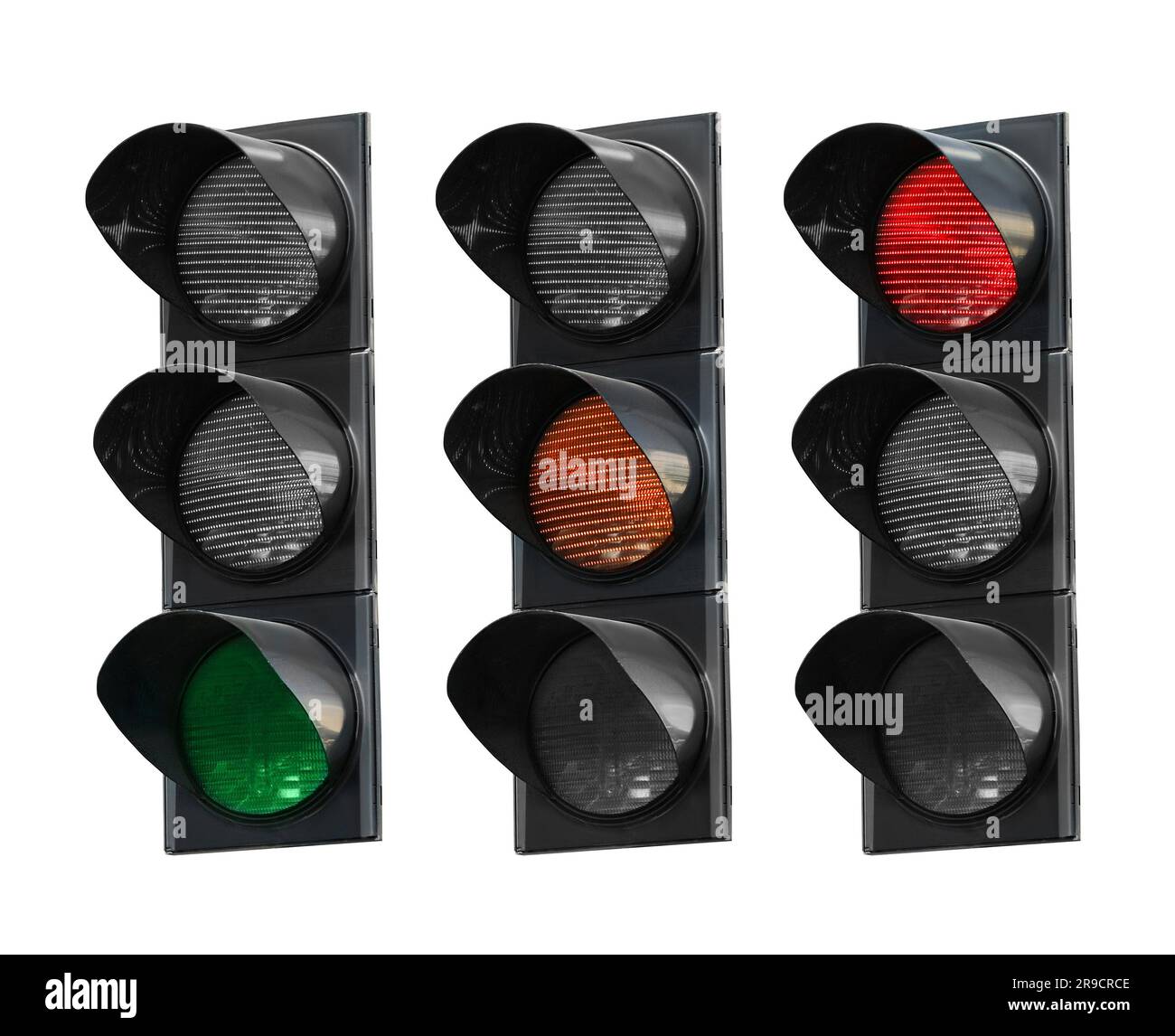 Collage des signaux de signalisation avec différents voyants lumineux (rouge, orange, vert) isolés en blanc Banque D'Images