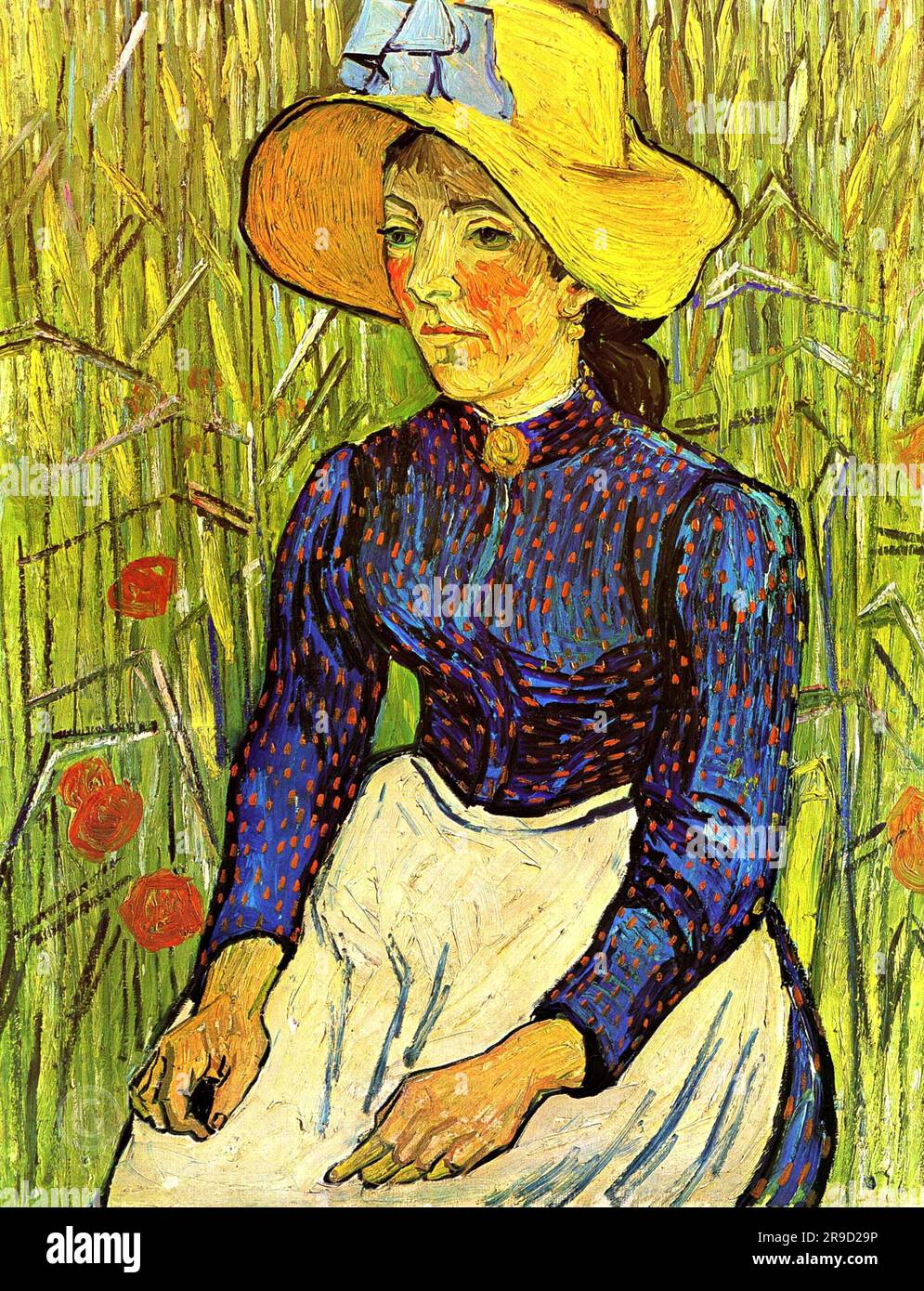 Vincent van Gogh – jeune paysanne avec chapeau de paille assise dans le blé 1890. Banque D'Images