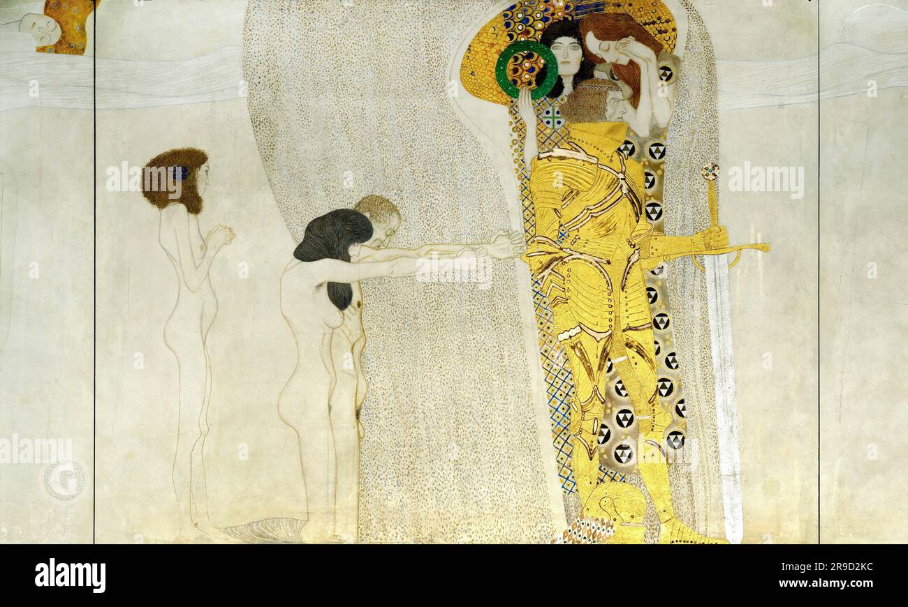 Gustav Klimt, Beethoven Frieze : les souffrances de l'humanité faible et de l'homme fort bien armé, peinture 1901 Banque D'Images