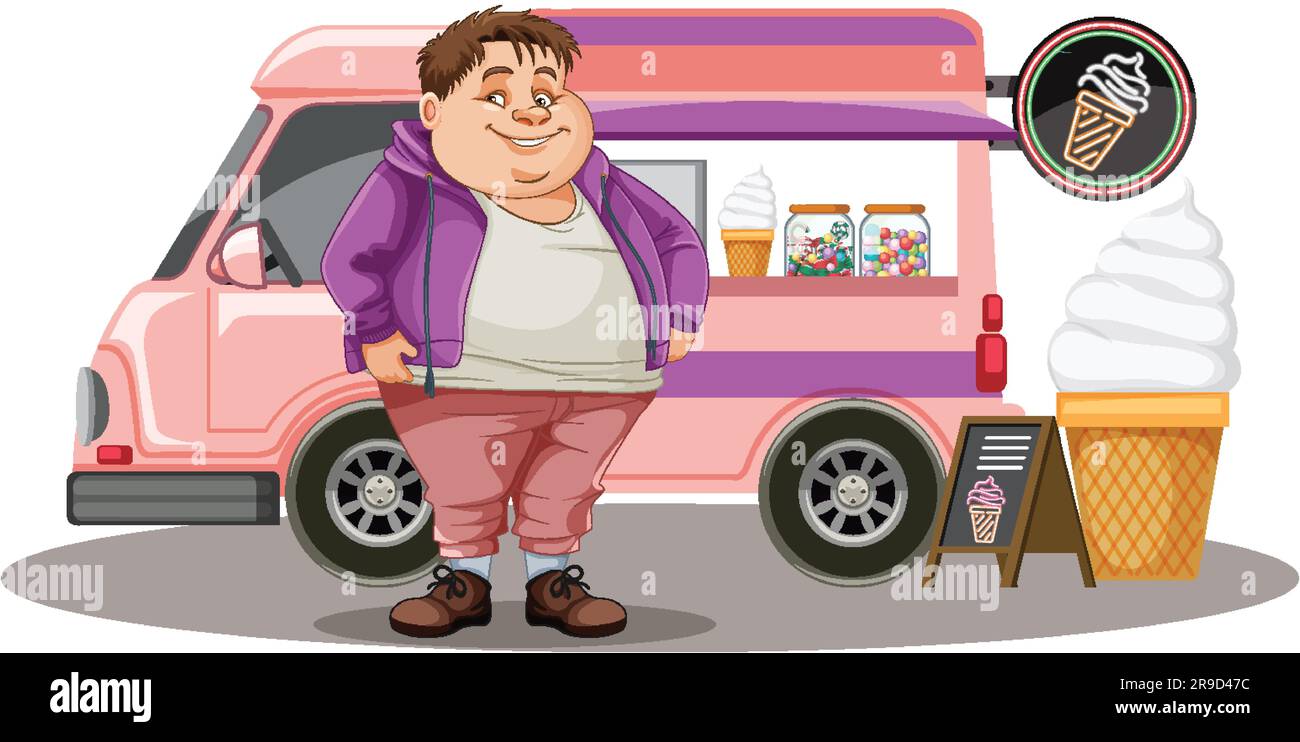 Homme en surpoids devant l'illustration du chariot alimentaire à crème glacée Illustration de Vecteur