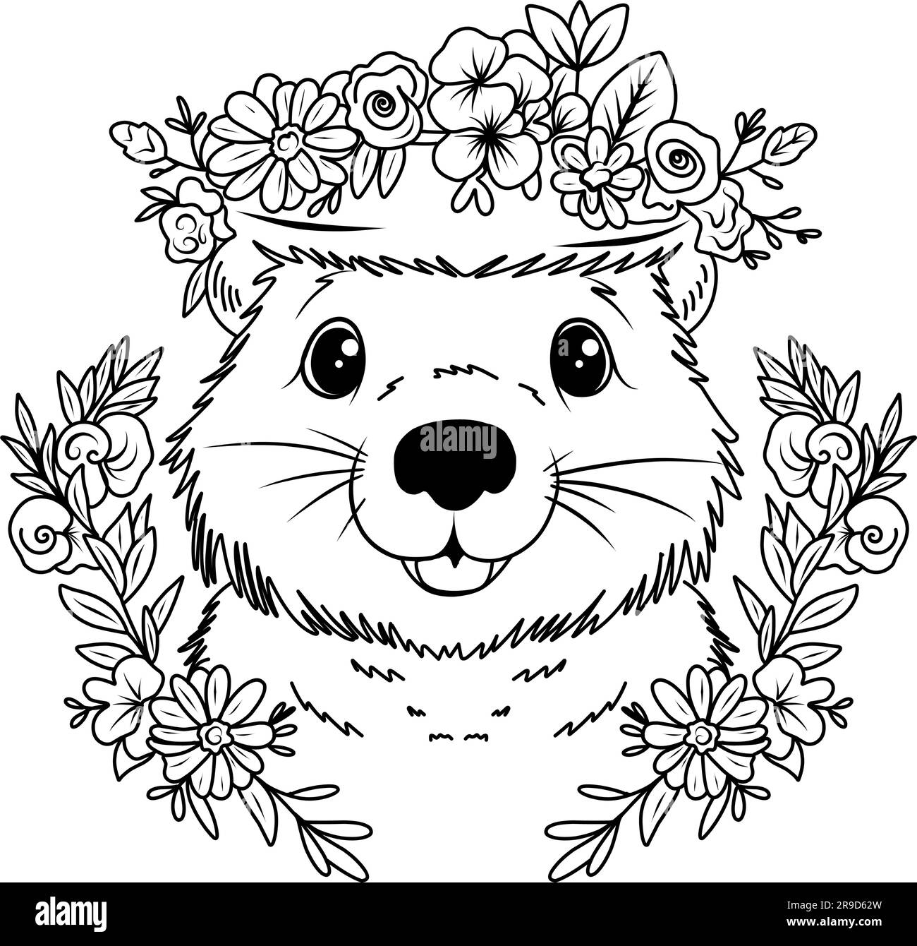 Page de coloriage de jour de marmotte. Page de coloriage muzzle d'une marmotte mignonne avec des fleurs Illustration de Vecteur