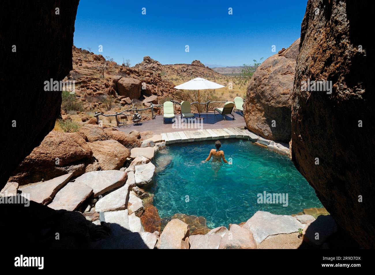 Piscine, Mowani Mountain Camp, près de Twyfelfontein, Damaraland, région de Kunene, Namibie Banque D'Images