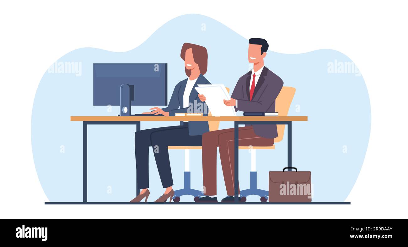 Heureux couple homme et femme travaillent ensemble, assis au même bureau avec grand moniteur. Personnes travaillant à la maison ou au bureau, dessin animé de collaboration des employés Illustration de Vecteur