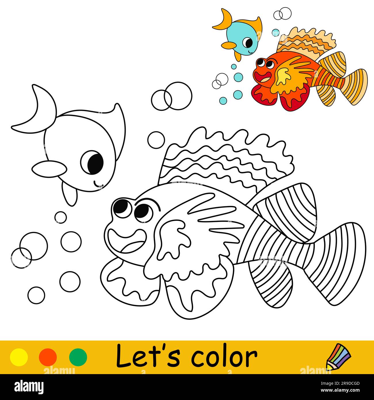 Mignonne et heureuse poissons amis dans une bulle. Illustration noire et blanche de dessin animé vectoriel.page de coloriage pour enfants avec échantillon de couleur. Pour l'impression, la conception, Illustration de Vecteur