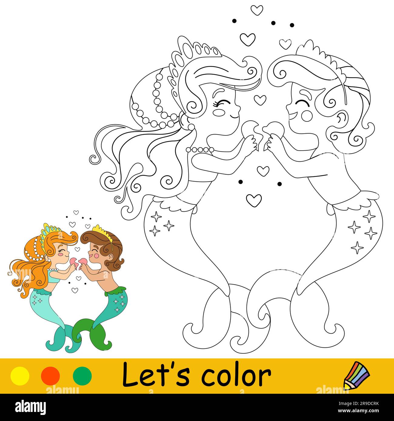 Mignon et heureux deux mermaid tombant amoureux. Dessin animé vectoriel en noir et blanc. Page de coloriage pour enfants avec échantillon de couleur. Pour impression, conception, pos Illustration de Vecteur