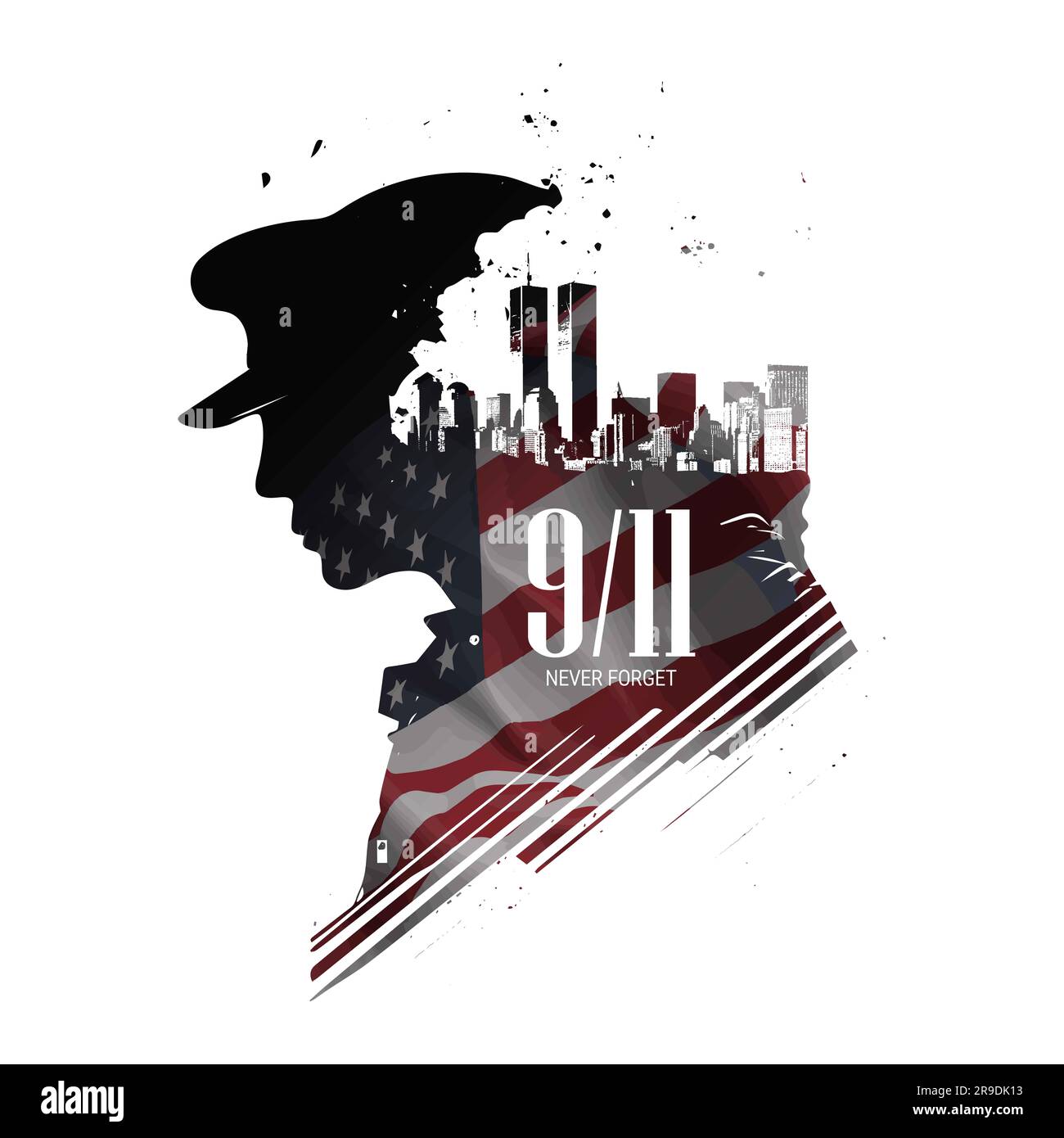 Illustration du jour du patriote vectoriel. Nous allons oublier 911. Illustration vectorielle patriotique avec drapeau américain et silhouette d'officier de police Banque D'Images