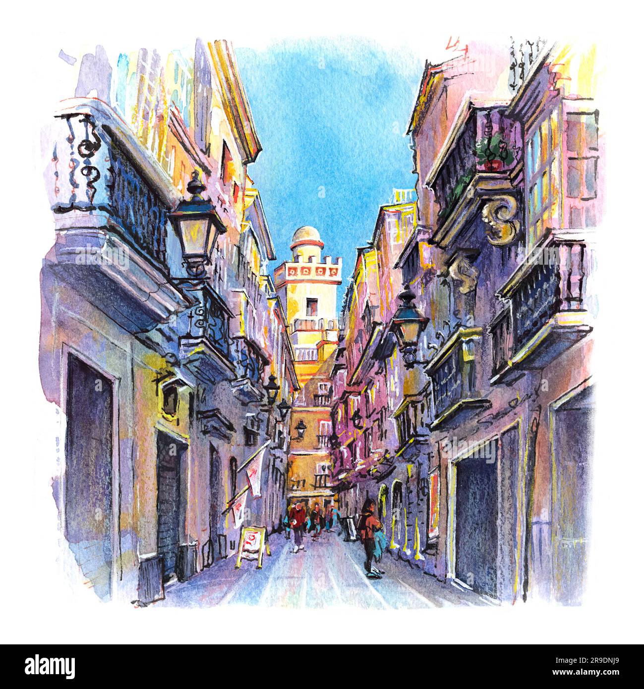 Aquarelle de la rue Cadix avec tour blanche, Andalousie, Espagne. Banque D'Images