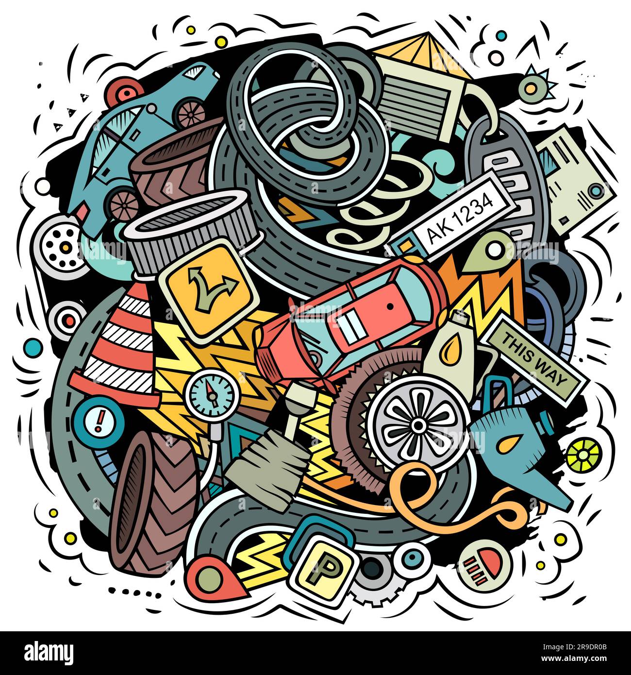 Illustration du vecteur de dessin animé Auto Service.Composition colorée et détaillée avec de nombreux objets et symboles automobiles.Tous les éléments sont séparés Illustration de Vecteur