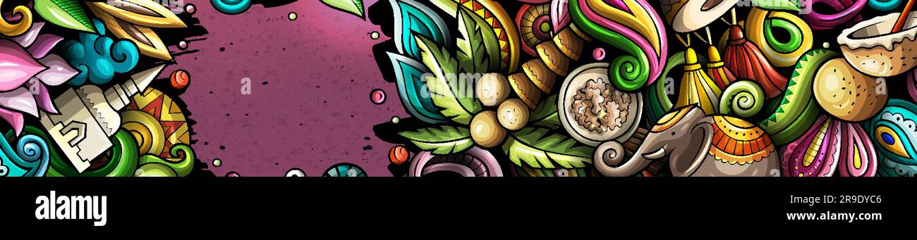 Bannière Inde tirée à la main.Prospectus détaillé de dessin animé.Identité indienne avec objets et symboles.Arrière-plan des éléments de conception à vecteur de couleur Illustration de Vecteur