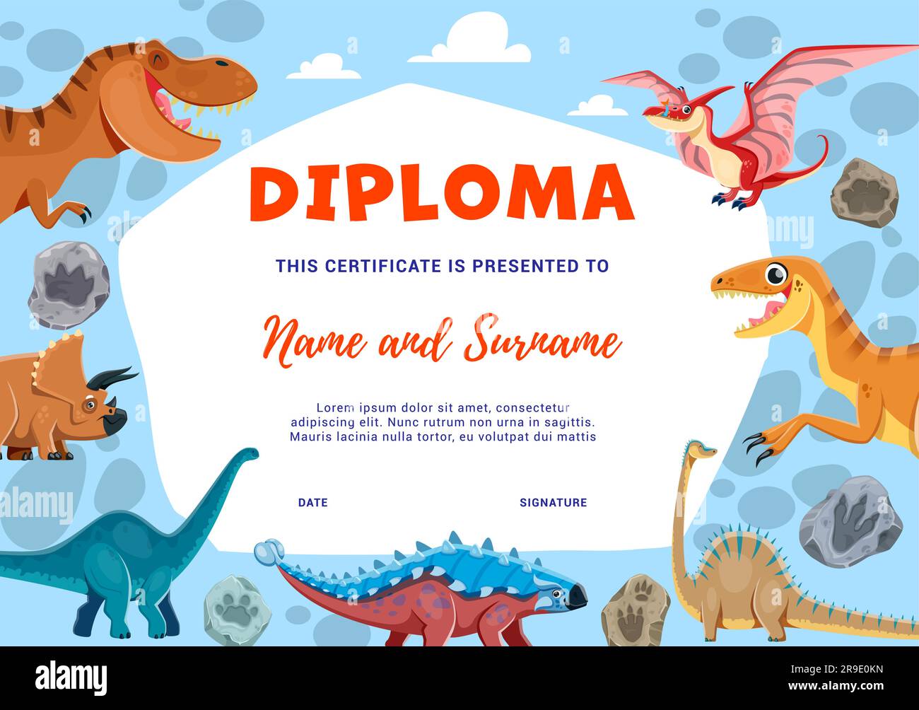 Diplôme pour enfants, personnages de dinosaures de dessins animés et empreintes de pierres fossiles. Certificat d'école de paléontologie ou de maternelle. Modèle de cadre Vector Award avec animaux dino préhistoriques amusants Illustration de Vecteur