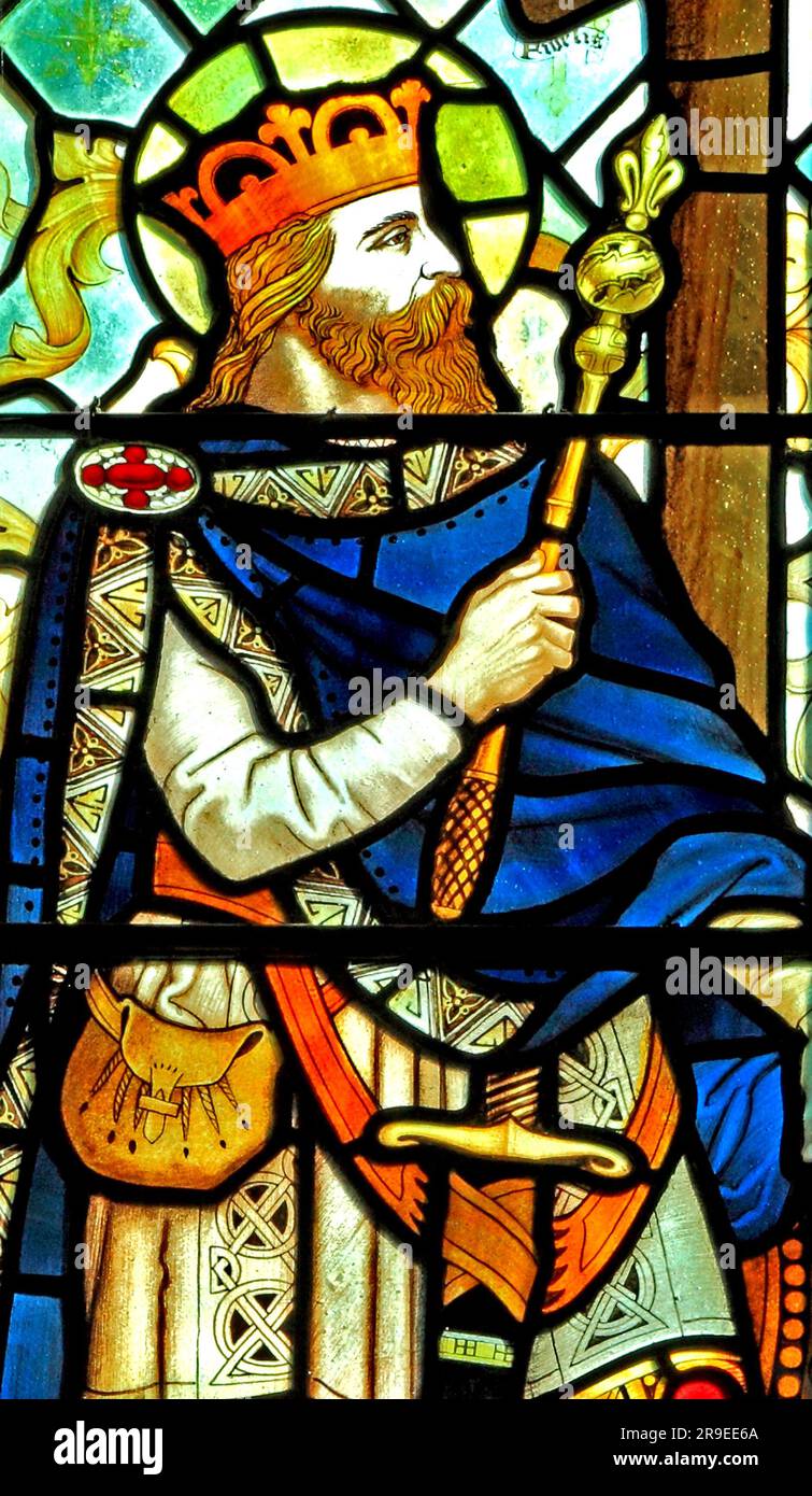 St Oswald, roi de Northumbria, 7th siècle, vitrail, par J Powell & son, 1900, église Blakeney, Norfolk, Angleterre, ROYAUME-UNI Banque D'Images